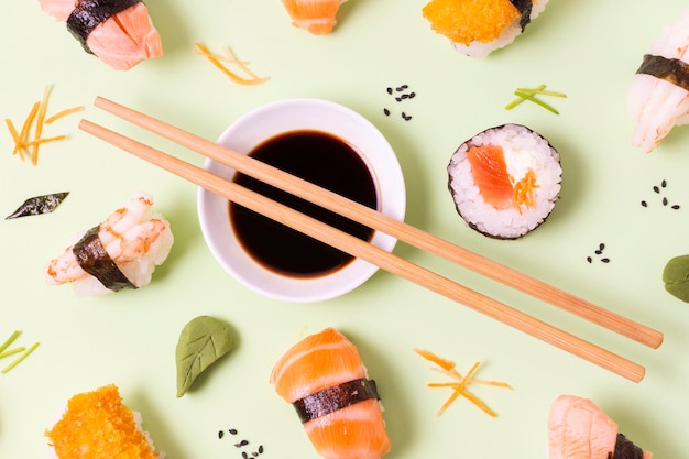 Soya souce bowl with sushi