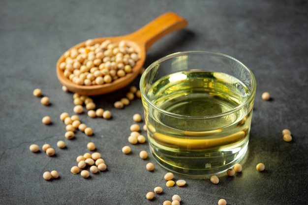 Soybean oil Soybean food and beverage products Food nutrition concept.