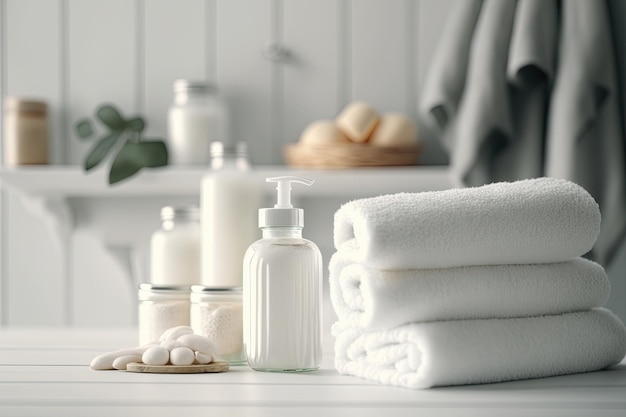 Free photo spa bathroom background towels on white desk near white wall and interior accessories with copy space neutral white colors ai generative