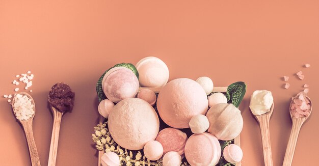 Spa body care items on a colored table