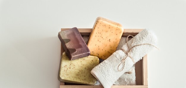 Spa composition on white background soap in box