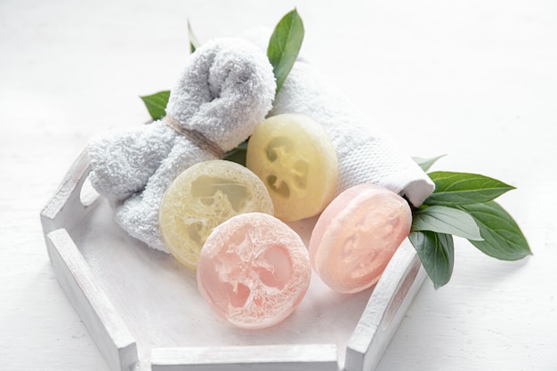 Free photo spa composition with bath accessories for personal hygiene and body care