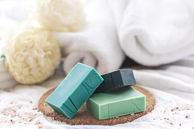 Spa composition with colorful handmade soap closeup