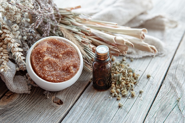 Free photo spa composition with natural body care products in a rustic style.