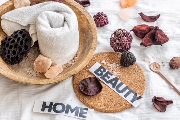 Spa composition with towel and sea salt