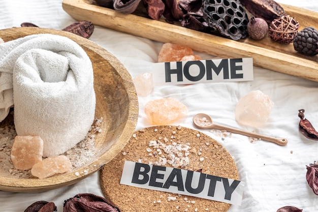 Spa composition with towel and sea salt