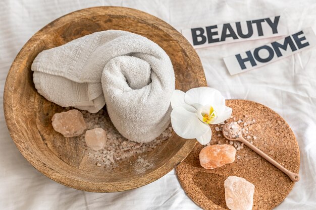 Spa composition with towel and sea salt