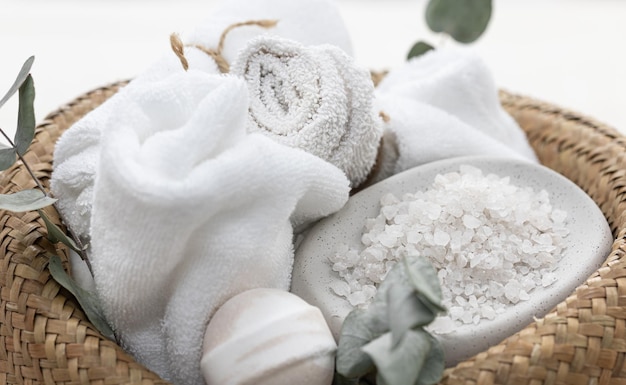 Free photo spa composition with towels bath bombs and sea salt