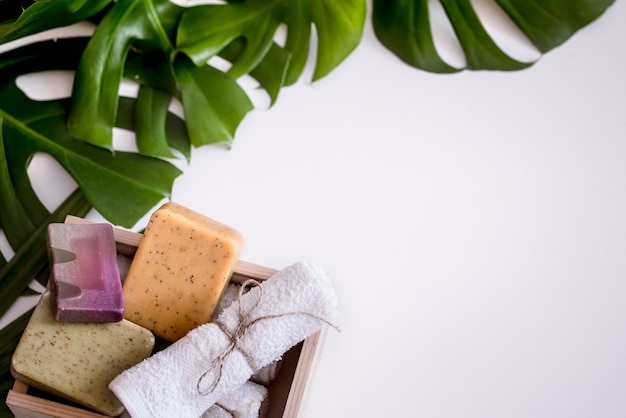 Spa composition with tropical leaves on white background