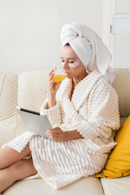 Spa at home woman drinking healthy juice