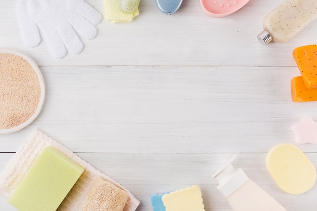 Spa product composition on wooden background