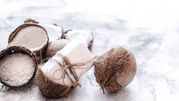 Spa still life of organic cosmetics with coconuts