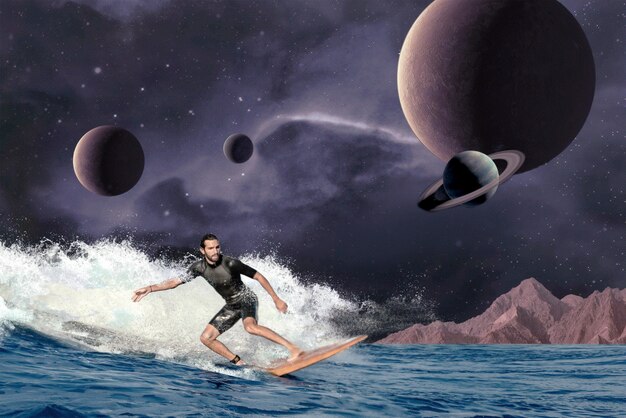 Space collage with surfer