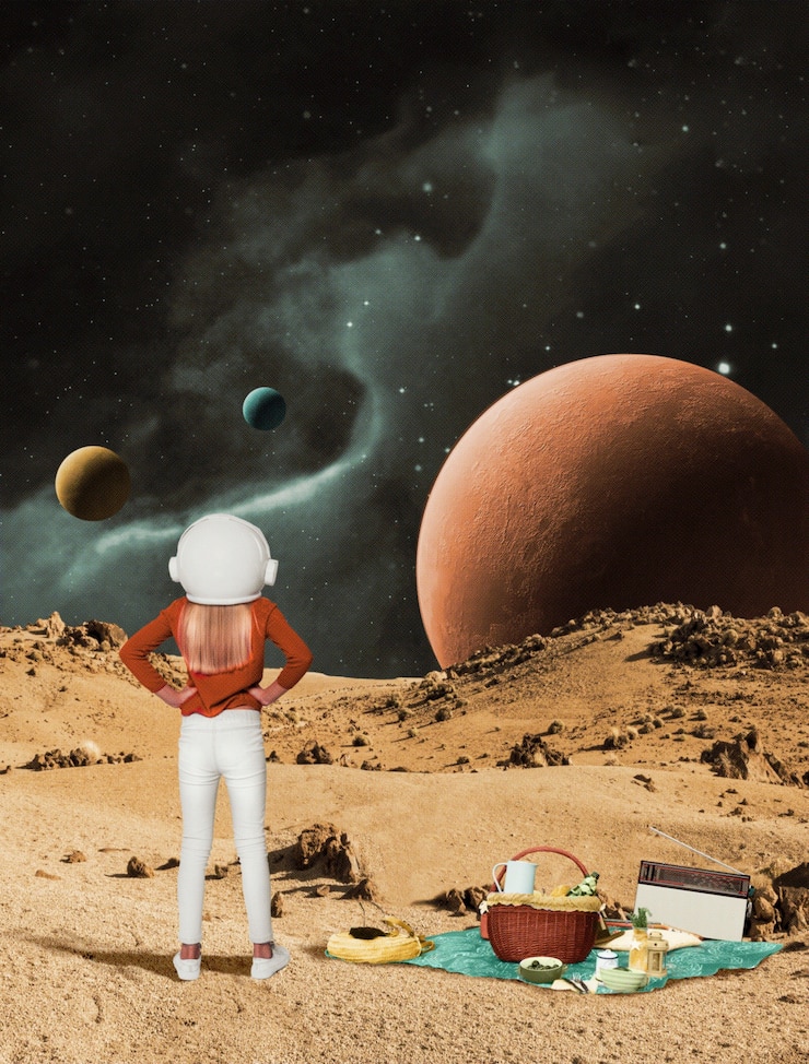 無料Photo ピクニックをしている若い大人との宇宙コラージュ