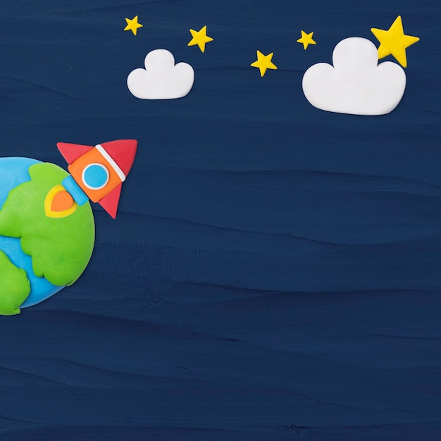 아이들을 위한 파란색 플라스틱 점토 공예의 우주 로켓 질감 배경