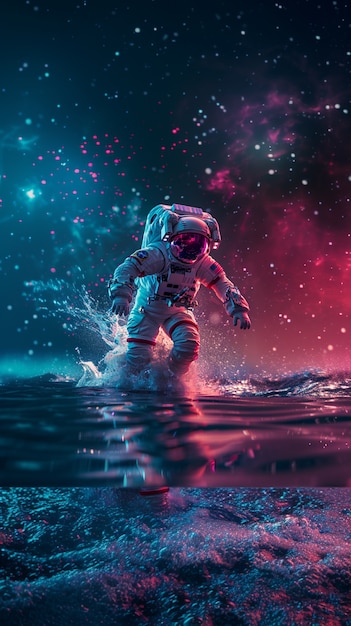 Free photo spaceman diving in the ocean