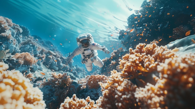 Free photo spaceman diving in the ocean