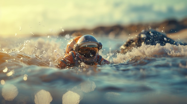 Free photo spaceman diving in the ocean