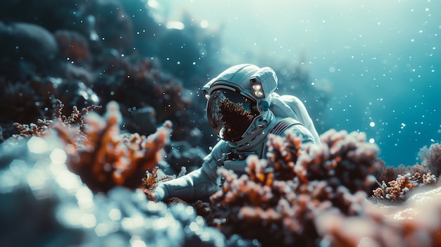 Free photo spaceman diving in the ocean
