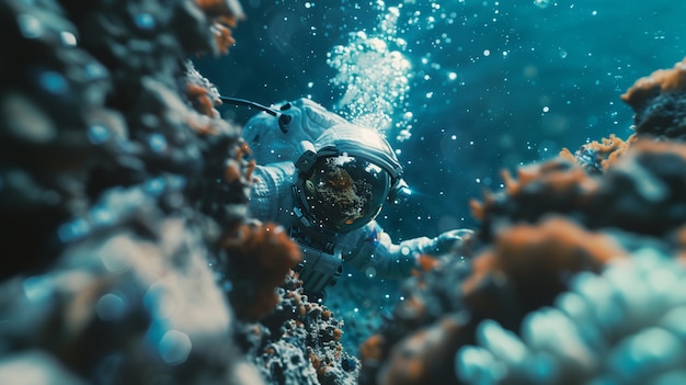 Free photo spaceman diving in the ocean