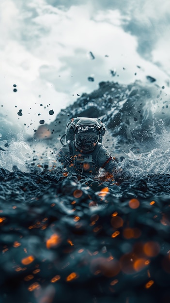 Free photo spaceman diving in the ocean