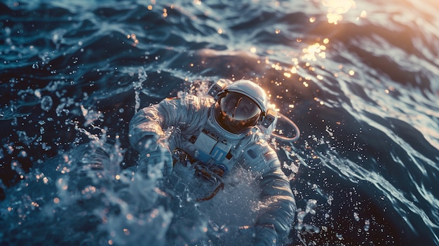 Free photo spaceman diving in the ocean