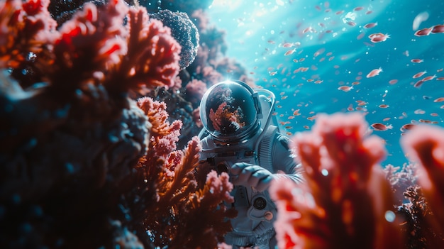 Free photo spaceman diving in the ocean