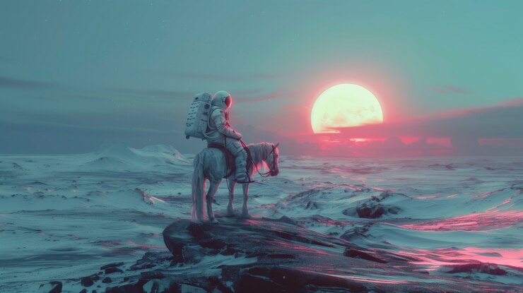 Free Photo spaceman riding a horse in outer space neon style