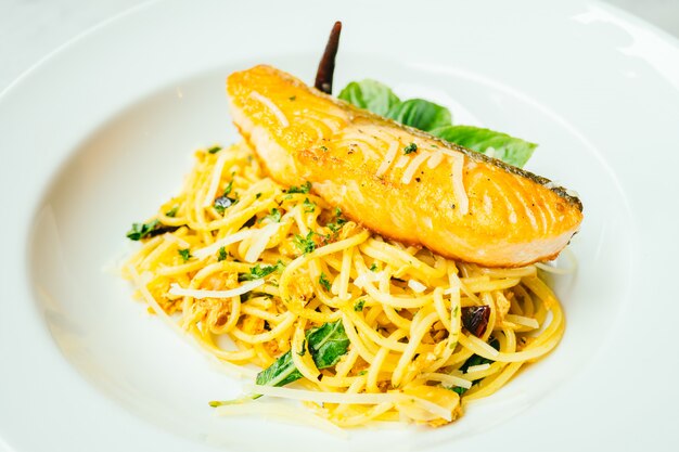 Spaghetti and Pasta with salmon fillet meat