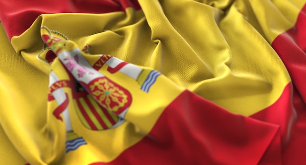 Spain Flag Ruffled Beautifully Waving Macro Close-Up Shot