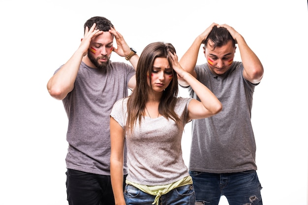 Spain lose. Group of football fans support Spain national team on white background. Football fans concept.