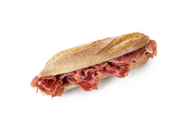 Spanish serrano ham sandwich isolated on white background