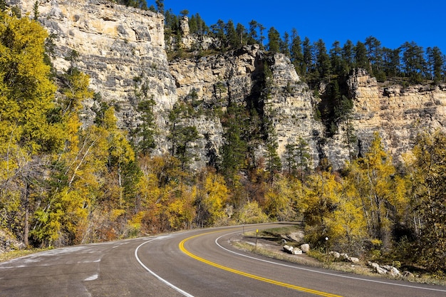 Spearfish Canyon with colorful trees and an empty road under a blue sky in South Dakota