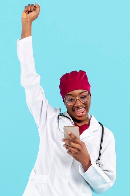 Specialist female doctor cheering