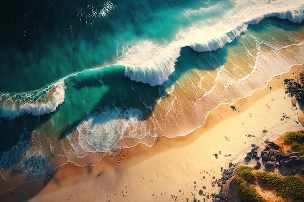 ドローンからの壮大な上からの写真 リラックスできる太陽の光が差し込む美しいピンク色のビーチ 海岸の砂に打ち寄せる海水の波 ジェネレーティブ AI を使用して作成された穏やかでさわやかなビーチの風景