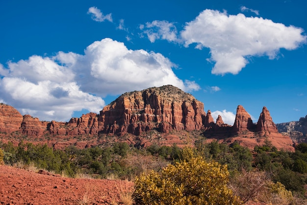 Spectacular view of several mountains in dry terrain with clear sky