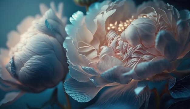 Spectral light illuminates transparent bright blue colored peonies abstract flower art generative ai