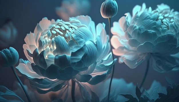 La luce spettrale illumina le peonie di colore blu brillante trasparente arte astratta del fiore ai