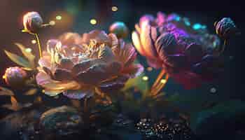 Бесплатное фото Спектральный свет освещает прозрачные яркие глубокие цветные пионы абстрактное цветочное искусство генеративное ai
