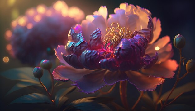 Spectral light illuminates transparent bright deep colored peonies abstract flower art generative ai