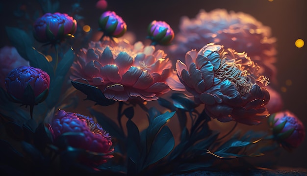 Foto gratuita la luce spettrale illumina le peonie dai colori profondi, luminose e trasparenti, arte astratta del fiore ai