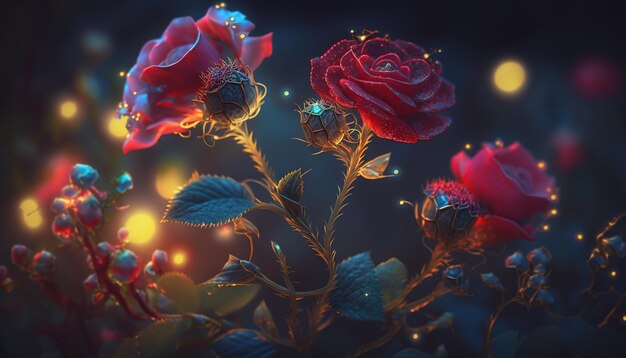 Spectral light illuminates transparent red colored red roses abstract flower art generative ai