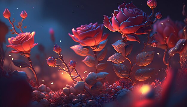 Spectral light illuminates transparent red colored red roses abstract flower art generative ai