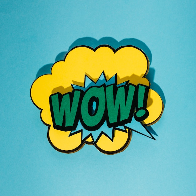 Speech bubble with wow expression text on blue background