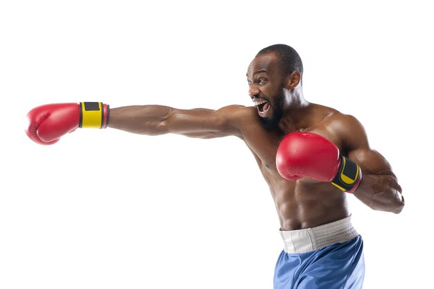 Speed. african-american boxer isolated on white studio wall.