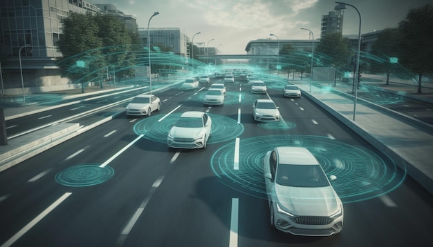 AI によって生成された現代の都市ラッシュでは、スピード違反の車が青くぼやけます