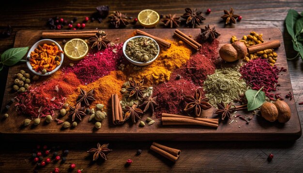 Spices and herbs in wooden bowl adorn table generated by AI