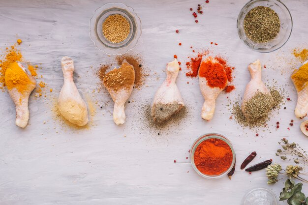 Spices near chicken legs