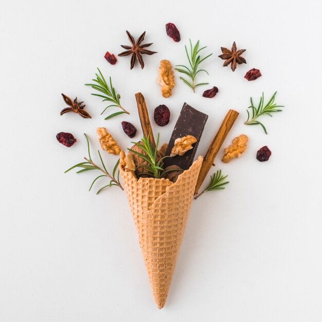 Spices near cone with chocolate