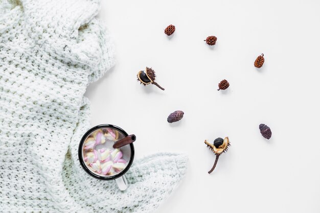 Spices near hot chocolate and blanket